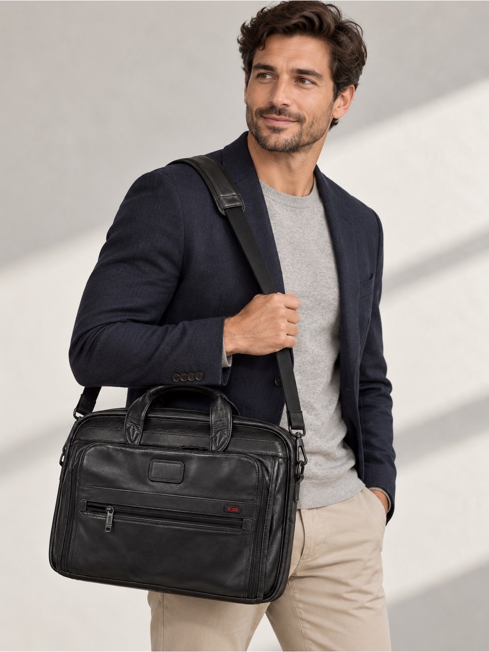 TUMI Alpha Black Leather Expandable Organizer Laptop Briefcase